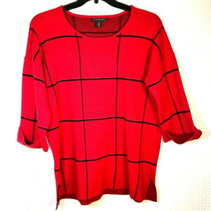 Tahari Sweater Plus Size 1X Red Black Windowpane Pullover Rolled Cuffs Boxy